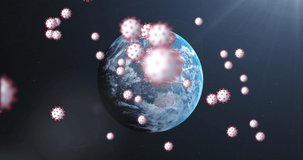 Animation of covid 19 cells over spinning globe. global covid 19 pandemic concept digitally generated video.