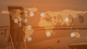 Animation of network of connections over world map, airplane and businessman. global business, travel and connections digitally generated video.