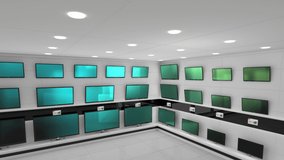 Animation of rows of television sets with glowing green screens in store. global communication and technology concept digitally generated video.