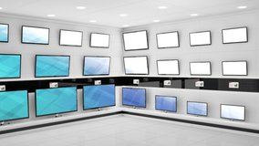 Animation of rows of television sets with glowing pattern on blue screens in store. global communication and technology concept digitally generated video.