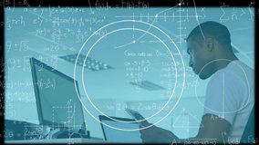 Animation of scope and mathematical equations over businessman using tablet in office. global data processing, digital interface and technology concept digitally generated video. - Powered by Shutterstock - Get 15% off with code: PIKWIZARD15