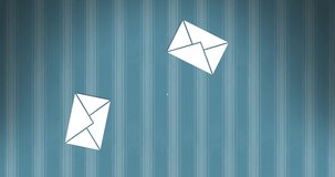 Animation of email envelope icons over clock on blue background. global social media and communication concept digitally generated video.