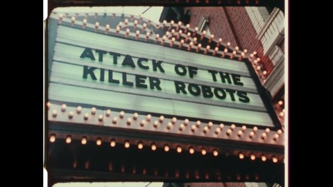 1980s Minneapolis, MN. A Young Girl is frightening by Cinema Marquee Sign announcing grindhouse title ATTACK OF THE KILLER ROBOTS. 4K Overscan of Vintage Archival 16mm Film Print  
