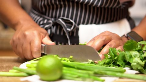 Chopping cilantro and adding lime and green onions for a flavorful Mexican relish - isolated slow motion