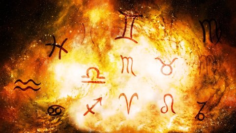 Hand drawn horoscope astrology symbols in cosmic space.