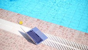 Video young bald Caucasian man with a mustache and beard, in sunglasses, swims and relaxes in the pool, works on a laptop, drinks yellow orange juice. Male freelancer working in the pool on laptop.