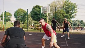 Group of multiracial young people playing basketball on court at outdoors. Professional sports. Team of millennial sportsmen engaged in basketball game at outdoor court in summer. - Powered by Shutterstock - Get 15% off with code: PIKWIZARD15