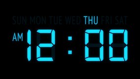 Loopable: Blue LED digital clock displays the current time at Thursday in 12-hours AM-PM format updating 1 minute per frame. Animated digits on black background. - Powered by Shutterstock - Get 15% off with code: PIKWIZARD15