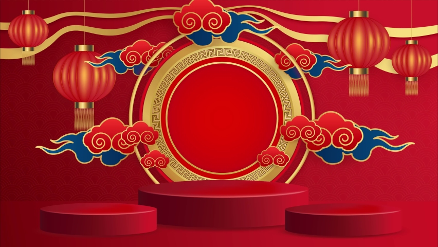 Happy Chinese new year Podium round stage podium and Asian elements with craft paper cut style. Traditional lunar year red background. clouds and Chinese lantern. Chinese Festivals. 4K Video animation Royalty-Free Stock Footage #1077585869