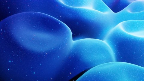 fantastical festive blue bg. Stylish abstract looped background, waves move on matt surface like landscape made of liquid blue wax with sparkles. Beautiful soft background with smooth animation 4k