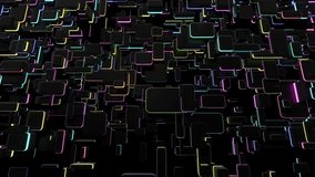 abstract looped 4k dark bg with neon light. Network of different sizes blocks as multicolor light bulbs.Bg for show or events, exhibitions, festivals or concerts, music videos, VJ loop for night clubs