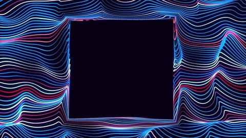 Particles form lines, plane with waves. Abstract waves run along flat surface. Rectangle copy space for text or logo. Multi-colored stripes or lines as beautiful motion graphics bg. Rainbow colors