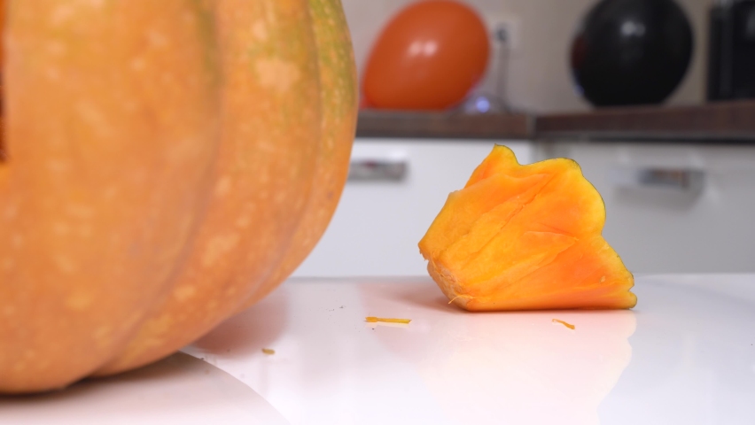 Naughty dachshund dog stole piece of pumpkin from table while owner was distracted from cooking delicious dish with seasonal vegetables, close up. Royalty-Free Stock Footage #1077598169