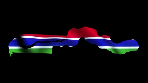 3D flying flag. Gambia National Flag in geographic illustration of the country. Black background