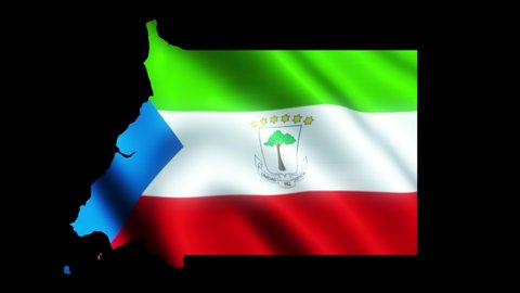 3D flying flag. Equatorial Guinea National Flag in geographic illustration of the country. Black background
