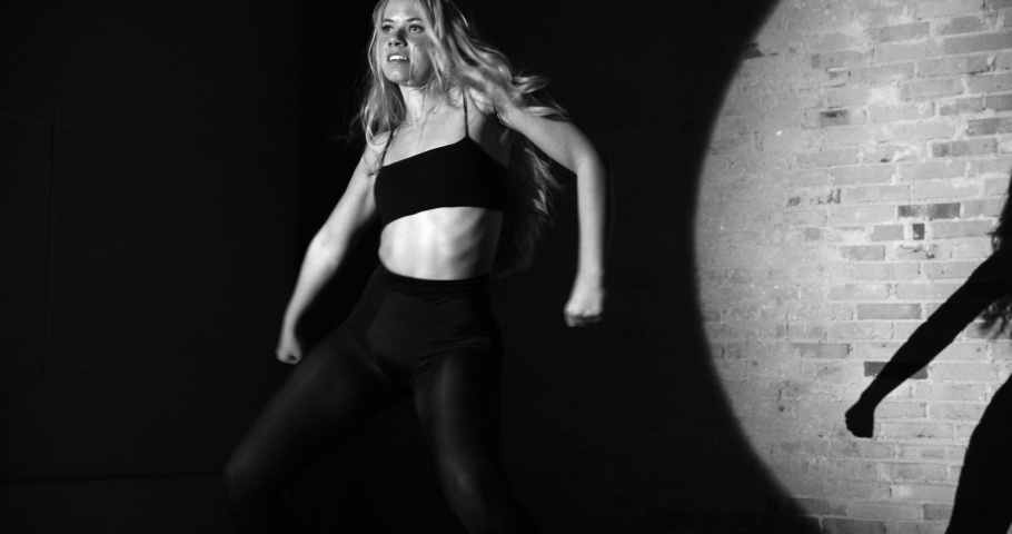 A steady angled shot of a graceful dancer, dancing energetically, wearing brassier and high waist panties on a brick wall with her silhouette shadow and focus light in the background, black and white