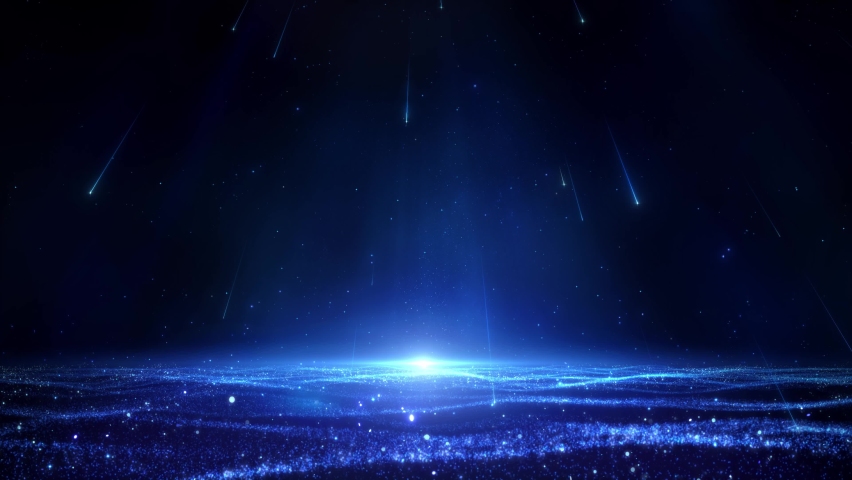 Blue meteor shower falls down with particles, converging into a twinkling ocean wave; An elegant and deep abstract stage background