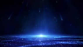 Blue meteor shower falls down with particles, converging into a twinkling ocean wave; An elegant and deep abstract stage background - Powered by Shutterstock - Get 15% off with code: PIKWIZARD15