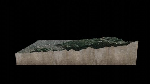 Almaty city 3D render of a soil slice, mountains isolated on dark background