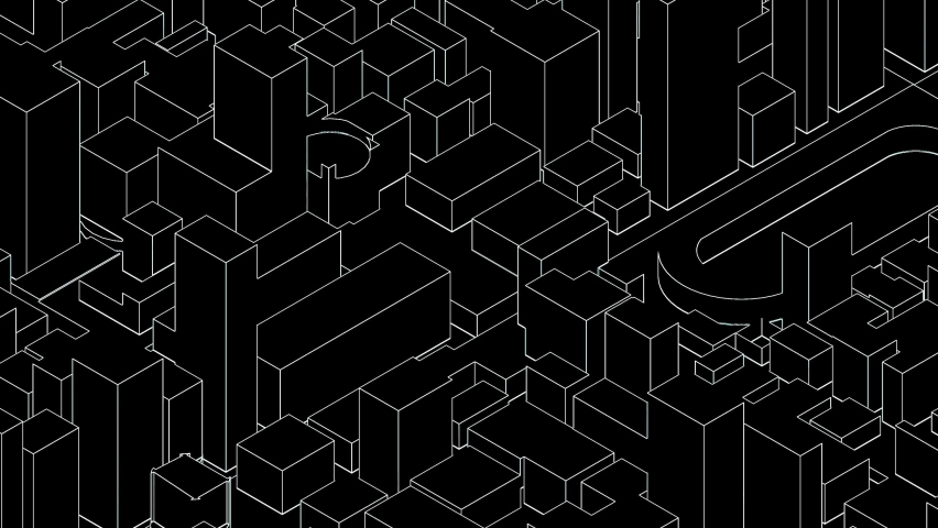 White Line Looping Isometric city on black background animation with skyscrapers