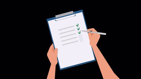 Hand holding clipboard with checklist and pen 2d flat animation with ALPHA channel. to-do list and business planning project. complete tasks, checkmarks. achievement and goals. questionnaire
