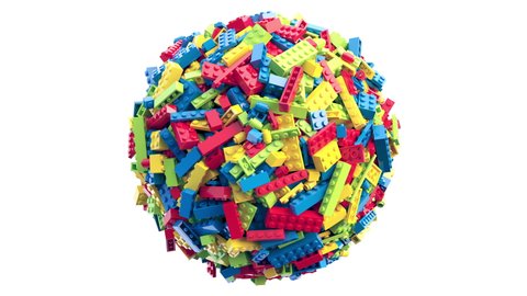 Sphere made of different color toy bricks rotate on white background. Seamless loop. 3d rendering