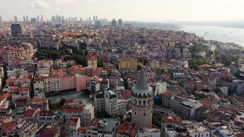 Istanbul, Turkey - July 11, 2021: Galata Tower in Istanbul. Aerial view. Istanbul panorama