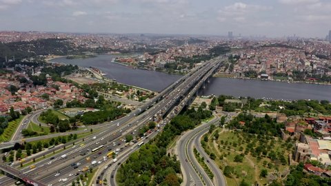 Aerial view Istanbul Turkey. Heavy traffic on the Bosphorus Bridge in Istanbul. Highway traffic. Istanbul Turkey.