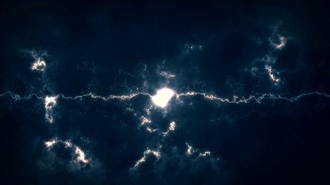 Electric discharges in clouds in a black void on a black background in endless and chaotic motion
