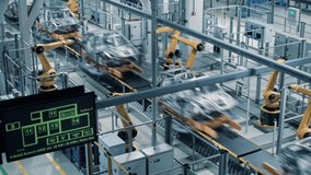 Car Factory 3D Concept: Automated Robot Arm Assembly Line Manufacturing High-Tech Green Energy Electric Vehicles. Construction, Building, Welding Industrial Production Conveyor. Fast Wide Shot - Powered by Shutterstock - Get 15% off with code: PIKWIZARD15