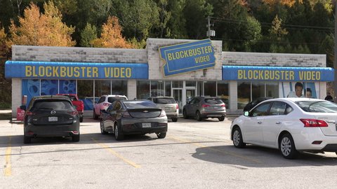 Owen Sound, Ontario, Canada August 2021 Last Blockbuster movie video rental store in Canada sits empty since bankruptcy and closure in 2011.