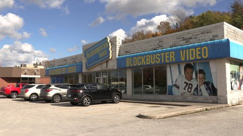 Owen Sound, Ontario, Canada August 2021 Last Blockbuster movie video rental store in Canada sits empty since bankruptcy and closure in 2011.