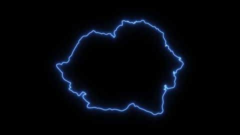 Neon shimmering blue map of Romania country on black background.