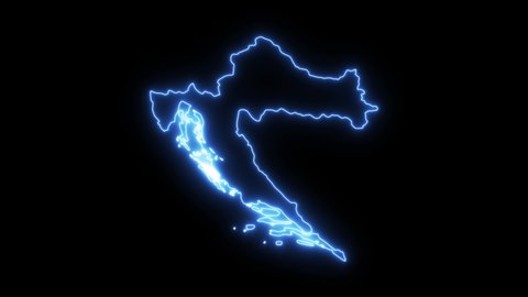 Neon shimmering blue map of Croatia country on black background.