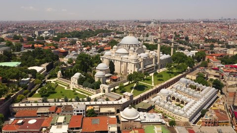 Istanbul, Turkey - July 10, 2021: Aerial view of Suleymaniye Mosque and Istanbul city