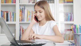Child Talking Smartphone, Kid Studying Browsing Internet on Laptop in Coronavirus Pandemic, School Girl Learning, Online Education