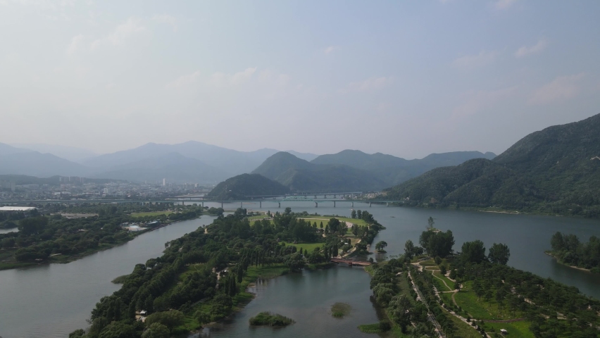 Aerial drone flying through the Gapyeong County and Gyeonggi Province, Korea