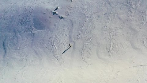 Aerial view of a person free skiing downhill in the snowy highlands of Abruzzo, Lazio and Molise National Park, Italy - pan, drone shot