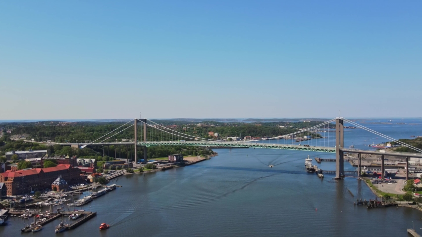 Gothenburg Suspension Bridge Named Älvsborgsbron, River and Surrounding Buildings In Sweden - aerial drone shot | Shutterstock HD Video #1077638303