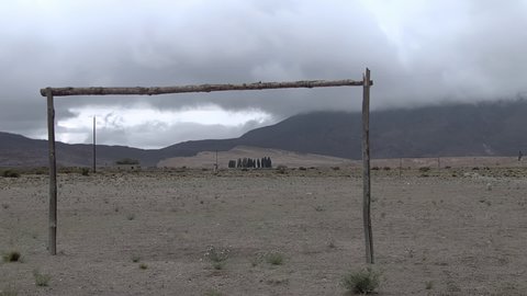 Rustic Soccer Goal Post made of Tree Trunks in the Field of a Rural School in Las Cuevas, Catamarca Province, Argentina.