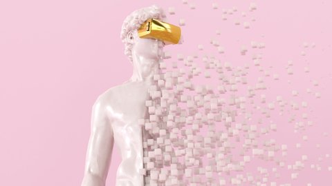 Digital Disintegration Of Sculpture David With Golden VR Box On A Pink Background. 4K. 3840x2160. 3D Animation.