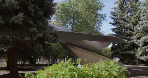 Entrance group of the former Russian Orenburg Higher Flight School. Yuri Gagarin's plane