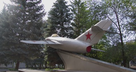 Entrance group of the former Russian Orenburg Higher Flight School. Yuri Gagarin's plane