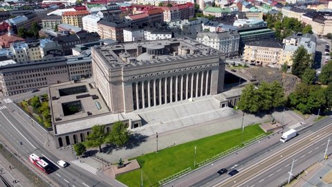Helsinki, Finland - August 5, 2021: Aerial view on Parliament House of Finland in Helsinki.