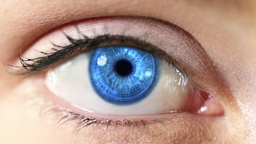 Macro shot of young female blue eye with innovative futuristic sophisticated high technology hud application with augmented reality holograms. Internet of things, surveillance system. Royalty-Free Stock Footage #1077648119