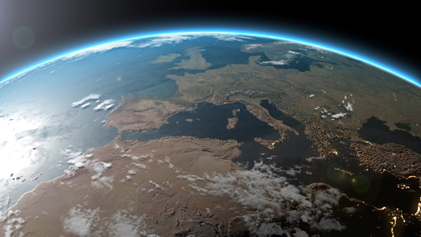 Earth from space flying over Europe: 3D animation of Globe, sunrise from space using 4k Images, Blue planet, Edge of Atmosphere, view from orbit,UK, France, Germany, Italy, Poland, Ireland, Netherland
