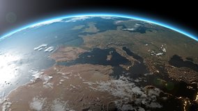 Earth from space flying over Europe: 3D animation of Globe, sunrise from space using 4k Images, Blue planet, Edge of Atmosphere, view from orbit,UK, France, Germany, Italy, Poland, Ireland, Netherland - Powered by Shutterstock - Get 15% off with code: PIKWIZARD15