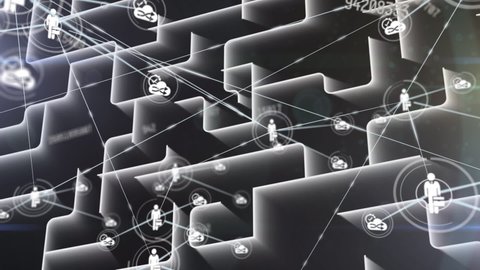 Animation of network of connections with icons over numbers and labyrinth. global science, data processing and technology concept digitally generated video.