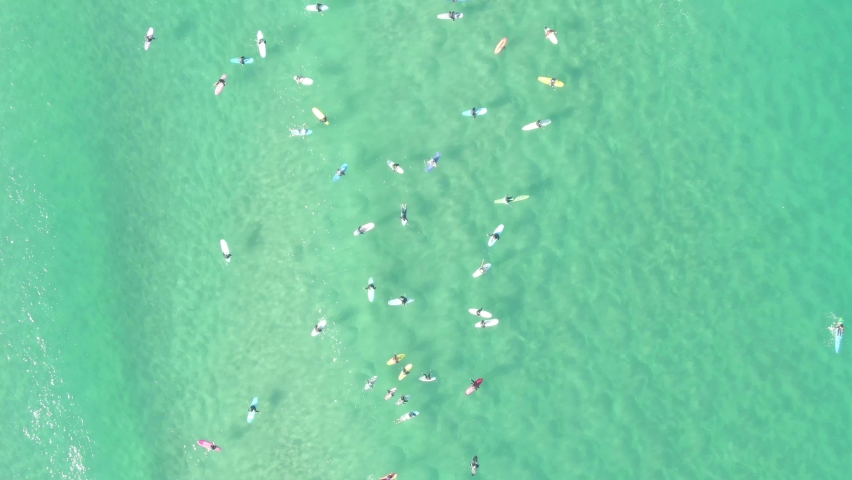 aerial shot over surfers in bondi beach Royalty-Free Stock Footage #1077654125