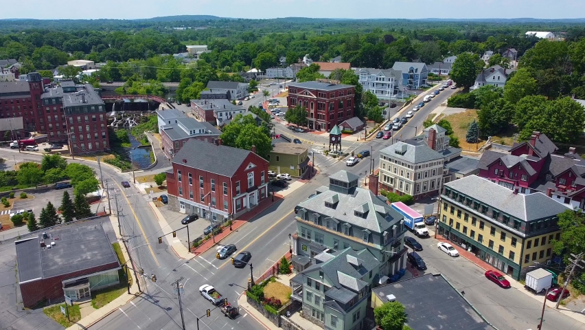 Methuen historic city center aerial view including Broadway and Spicket Falls Historic Site on Spicket River, Methuen, Massachusetts MA, USA. 